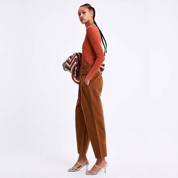 2/$30 ZARA Open Knit Crochet Sweater Small Burnt Orange Crew Long Sleeve #6453 - Picture 1 of 13
